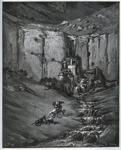 Don Quixote and Sancho Panza discover what caused their concern, a waterfall and a mill a foulon - from “Don Quixote de la Mancha” by Miguel Cervantes (1547-1616) (Don Quixote) - Woodcut after drawing by Gustave Dore av Gustave Dore
