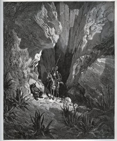 Don Quixote og Sancho Panza finner tingene til en reisende - fra "Don Quixote de la Mancha"" av Miguel Cervantes (1547-1616) (Don Quixote) - Tresnitt etter tegning av Gustave Dore av Gustave Dore