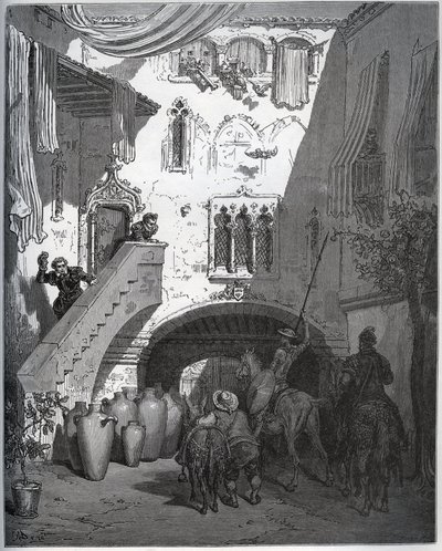 Don Quixote og Sancho Panza, invitert av Don Diego de Miranda hjemme, blir ønsket velkommen av herrens kone og sønn - fra "Don Quixote de la Mancha" av Miguel Cervantes (1547-1616) (Don Quixote) - Tresnitt etter tegning av Gustave Dore av Gustave Dore