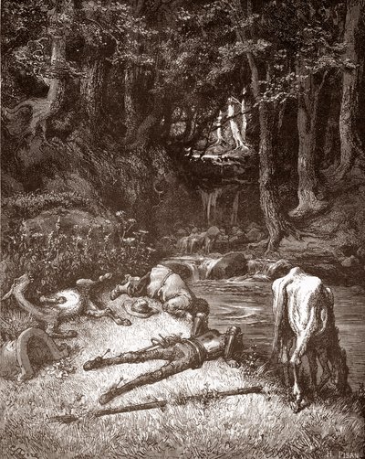 Don Quixote og Sancho Panza forfrisker dem ved en bekk Gravering av Gustave Dore (1832-1883) for "L'Ingenieux Hidalgo Don Quixote de la Manche (Quixotte - Quijote)" av Miguel de Cervantes (1547-1616) 1863 Privat samling av Gustave Dore