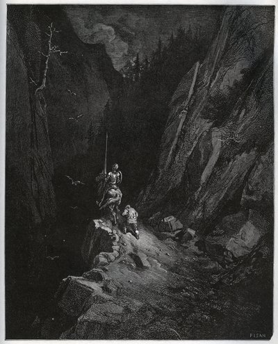 Don Quixote og Sancho Panza synker ned i Sierra Morena - fra "Don Quixote de la Mancha" av Miguel Cervantes (1547-1616) (Don Quixote) - Tresnitt etter tegning av Gustave Dore av Gustave Dore
