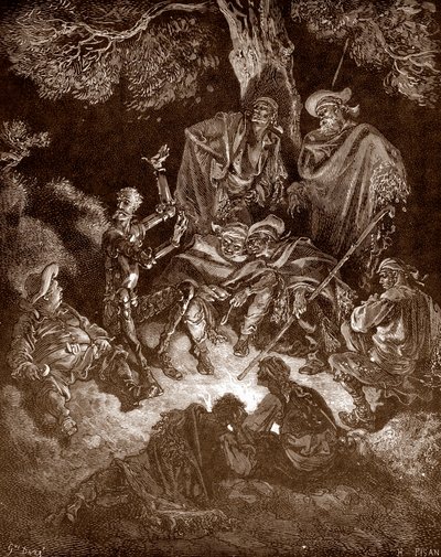 Don Quixote og Sancho Panza med geitegjeterne Gravering av Gustave Dore (1832-1883) for "L'Ingenieux Hidalgo Don Quixote de la Manche (Quixotte - Quijote)" av Miguel de Cervantes (1547-1616) 1863 privat samling av Gustave Dore