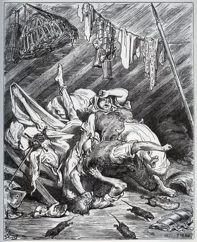 Don Quijote og en muldyrmaker kjemper for Maritornes, husholdersken, som Don Quijote tar for sin Dulcinee - fra "Don Quixote de la Mancha" av Miguel Cervantes (1547-1616) (Don Quixote) - Tresnitt etter tegning av Gustave Dore av Gustave Dore