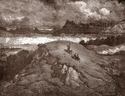 Don Quixote og sancho Panza nærmer sierra morena Gravering av Gustave Dore (1832-1883) for "L'Ingenieux Hidalgo Don Quixote de la Manche (Quixotte - Quixote)" av Miguel de Cervantes (1547-1616) 1863 Privat samling av Gustave Dore