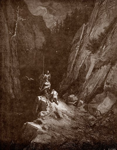 Don Quijote og Sancho Panza i hjertet av Sierra Morena Gravering av Gustave Dore (1832-1883) for "The Genious Noble Don Quijote of the Manche (Quixote - Quixote)" av Miguel de Cervantes (1547-1616) 1863 Privat samling av Gustave Dore