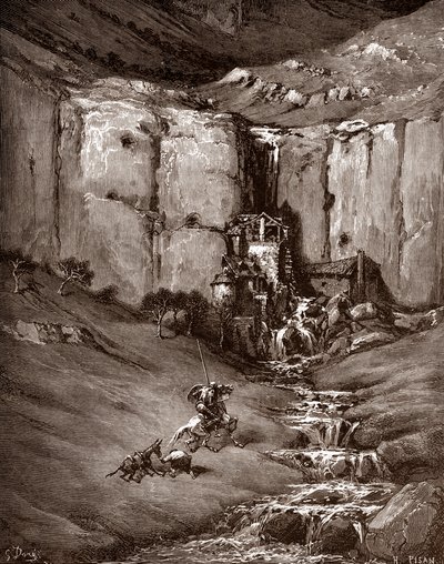 Don Quixote og sancho Panza ser en foss og støyende hover (Don Quixote og sancho Panza ser en foss og støyende hover) Gravering av Gustave Dore (1832-1883) for "The Ingenieux Hidalgo Don Quixote de la Mancha (Quixotte - Quijote)" av Miguel de Cer av Gustave Dore