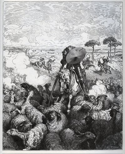 Don Quixote attacks a herd of sheep, believing he was dealing with the army of Alibanfaron of Taprobana - from “Don Quixote de la Mancha” by Miguel Cervantes (1547-1616) (Don Quixote) - Woodcut after drawing by Gustave Dore av Gustave Dore