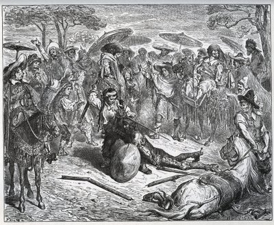 Don Quixote slått i midten av en gruppe kjøpmenn - Muldyrmakeren hadde smakt spillet - fra "Don Quixote de la Mancha"" av Miguel Cervantes av Gustave Dore
