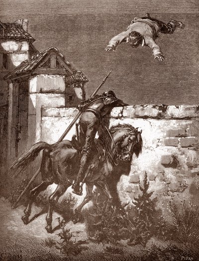 Don Quixote klarer ikke å stoppe oppskytningene til Sancho Panca som får ham til å sprette på et teppe (Don Quixotes remonstrasjoner klarer ikke å påvirke kasterne) Gravering av Gustave Dore (1832-1883) for "L'Ingenieux Hidalgo Don Quixote de la M av Gustave Dore