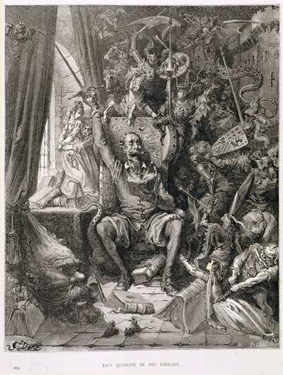 Don Quijote i biblioteket hans, gravert av Heliodore Joseph Pisan (1822-90) ca. 1868 av Gustave Dore