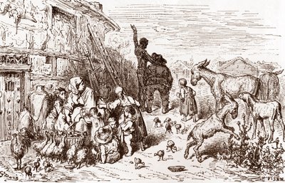 Don Quijote overtaler naboen Sancho Panza til å bli hans godseier Gravering av Gustave Dore (1832-1883) for "L'Ingenieux Hidalgo Don Quixote de la Manche (Quixotte - Quijote)" av Miguel de Cervantes (1547-1616) 1863 Privat samling av Gustave Dore