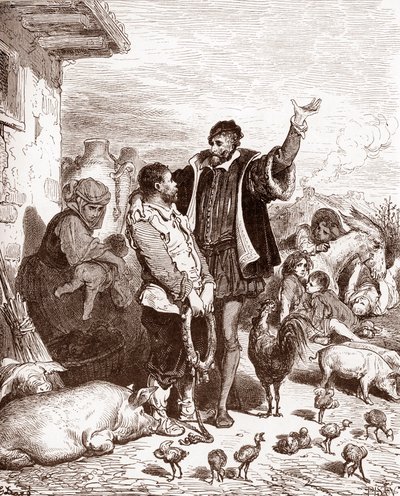Don Quijote overtaler naboen Sancho Panza til å bli hans godseier ved å love å gjøre ham til guvernør på en erobret øy Gravering av Gustave Dore (1832-1883) for «L'Ingenieux Hidalgo Don Quixote de la Mancha (Quixotte - Quixotte))» av Miguel de Ce av Gustave Dore
