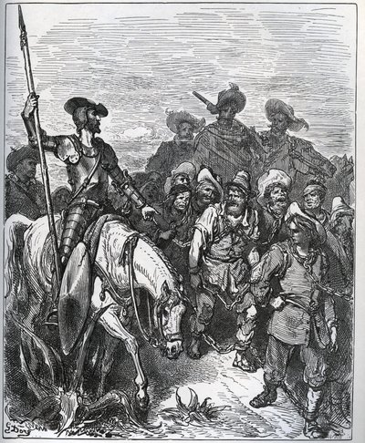 Don Quijote stiller spørsmål ved kreftene om årsakene til deres overbevisning - fra "Don Quixote de la Mancha" av Miguel Cervantes (1547-1616) (Don Quixote) - Tresnitt etter tegning av Gustave Dore av Gustave Dore