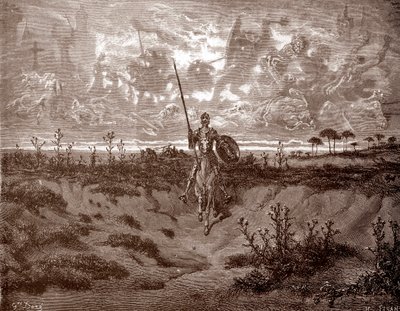 Don Quixote legger ut på eventyrene sine Gravering av Gustave Dore (1832-1883) for «L'Ingenieux Hidalgo Don Quixotte de la Manche (Quixotte - Quijote)» av Miguel de Cervantes (1547-1616) 1863 Privat samling av Gustave Dore