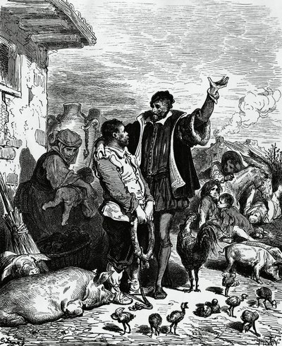 Don Quijote tok Sancho Panza fra hjemmet sitt og uttalte ham til guvernør, illustrasjon av Gustave Dore