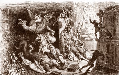 Don Quijote tenker på ingenting annet enn riddergjerninger Gravering av Gustave Dore (1832-1883) for "L'Ingenieux Hidalgo Don Quixote de la Manche (Quixote - Quijote)" av Miguel de Cervantes (1547-1616) 1863 Privat samling av Gustave Dore