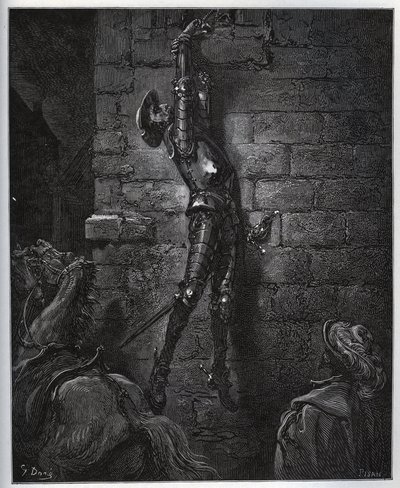 Don Quijote fanget av gjestgiverens datter og Maritornes, forblir hengt opp fra et vindu. - fra «Don Quixote de la Mancha» av Miguel Cervantes (1547-1616) (Don Quixote) - Tresnitt etter tegning av Gustave Dore av Gustave Dore