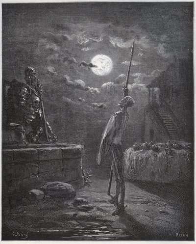 Don Quijote passer på armene hans - fra «Don Quixote de la Mancha» av Miguel Cervantes av Gustave Dore