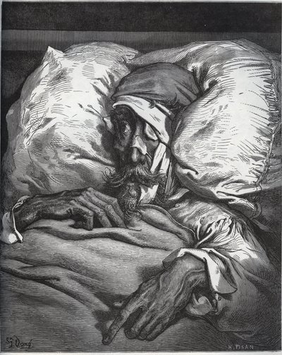 Don Quijote såret - fra "Don Quixote de la Mancha" av Miguel Cervantes (1547-1616) (Don Quixote) - Tresnitt etter tegning av Gustave Dore av Gustave Dore