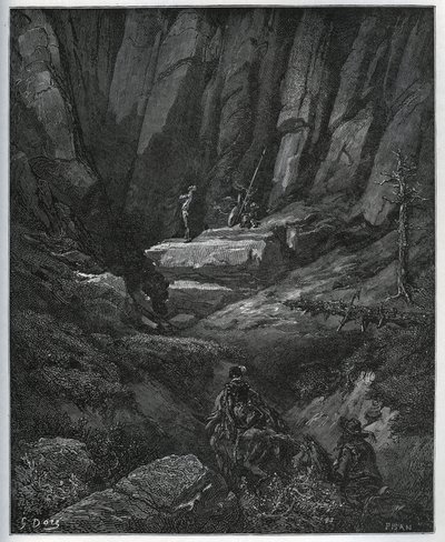 Dorothee og frisøren kommer for å hente Don Quijote da i bot - fra "Don Quixote de la Mancha"" av Miguel Cervantes (1547-1616) (Don Quixote) - Tresnitt etter tegning av Gustave Dore av Gustave Dore