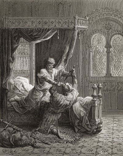 Edward I (1239-1307) av England dreper hans ville bli leiemorder i juni 1272, illustrasjon fra 