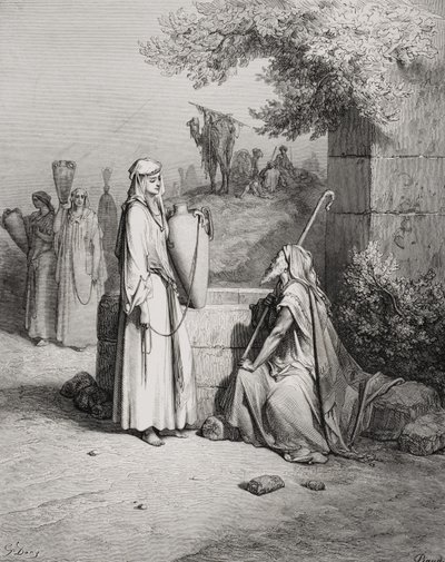 Eliezer og Rebekka, 1. Mosebok 24:15-21, illustrasjon fra Dores 