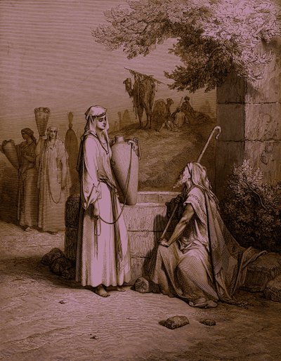 Eliezer and Rebekah / Rebecca, engraving by Doré. - Bible av Gustave Dore