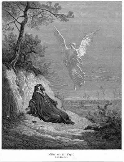 Elia drar ut i villmarken og ber om å få dø, men engel kommer og ber ham 'Stå opp og spis'. Bibel 1 Kongebok 19.5. Fra Gustave Dore Bibelen 1865-1856. Tregravering av Gustave Dore