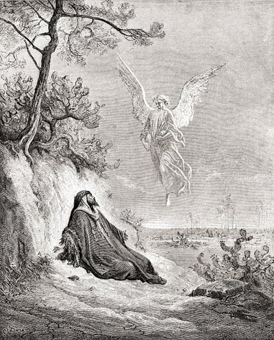 Elias næret av en engel. Etter et verk fra Bibelen av Gustave Dore. From Life and Reminiscences of Gustave Dore, utgitt 1885. av Gustave Dore