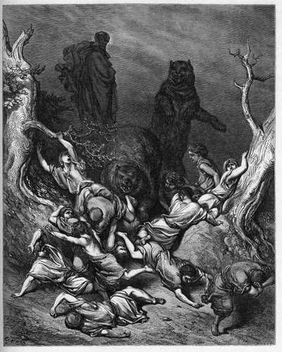 Elisee curses the youths of Bethel - The Children of Bethel Destroyed by Bears - Elijah curses the youths of Bethel - engraving in “The Bible illustree” by Gustave Dore (1832-1883) - Engraving from “” The Dore Bible”” av Gustave Dore