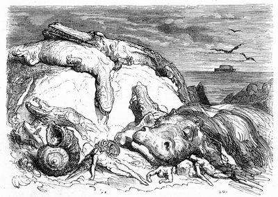 Gravering av Gustave Dore rundt 1850: fremkalling av en apokalyptisk syndflod som kombinerer bibelsk tradisjon (man kan se Noahs ark i det fjerne på havet) og begynnelsen på vitenskapelig kunnskap (forskjellige uhyrlige dyr mislyktes på fjellet, fortrinnsv av Gustave Dore
