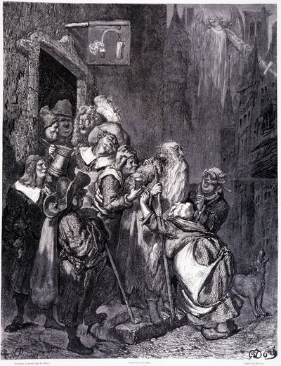 Gå inn i dette gjestgiveriet, plate IV - Illustrasjon av Gustave Dore (1832-1883), for La legende du Jeif wandering av Pierre Dupont, utgave Librairie du magasin picturesque, Paris 1862 av Gustave Dore