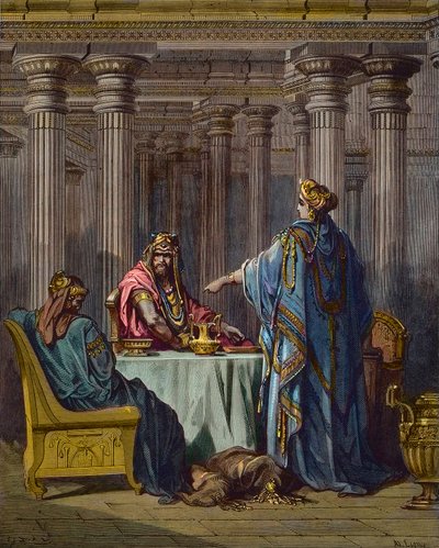 Esther anklager Haman (Aman) - bibelske scener, Esther og Aman, tregravering av Gustave Dore - senere fargelegging av Gustave Dore
