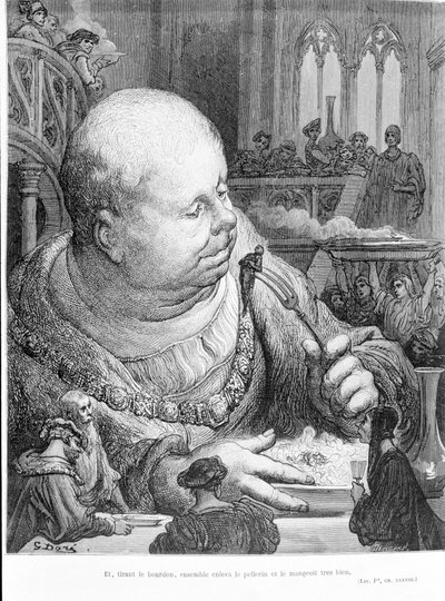 Utdrag fra Gargantua (1534) av François Rabelais (1483 - 1553): Og ved å trekke humla, fjernet de sammen pellerinen og spiste den veldig godt. Gravering av Gustave Dore (1823-1883) av Gustave Dore