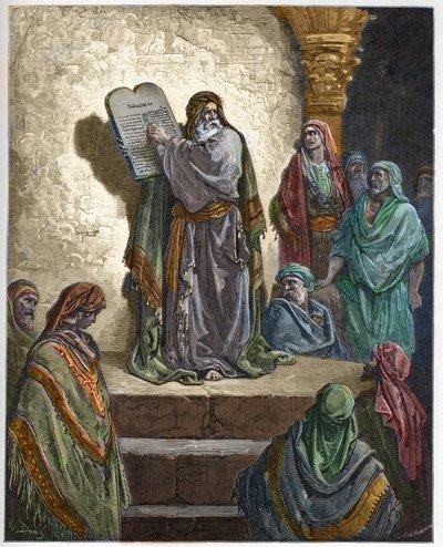 Ezra the Scribe reads the Law to the People - - engraving in “The Bible illustree” by Gustave Dore (1832-1883) - Engraving from “” The Dore Bible”” av Gustave Dore
