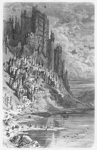 Fantasilandskap med by og slott, illustrasjon fra 