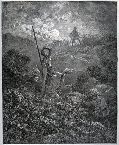 Første tilsynekomst av Deguenille-de-la-Malaise-gruven - fra "" Don Quixote de la Mancha"" av Miguel Cervantes (1547-1616) (Don Quixote) - Tresnitt etter tegning av Gustave Dore av Gustave Dore
