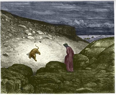 Første sang av helvete, en panter motsetter seg Dantes passasje. Illustrasjon av Gustave Dore av Gustave Dore