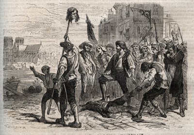 Fransk revolusjon: Død av Jacques de Flesselles, grev av Bregy (1730-1789), fransk administrator, prevot des marchands sur les degres de l'hotel de ville i Paris 14. juli 1789 - Dødsfallet til Jacques de Fleselles, prost for kjøpmenn i Paris av Gustave Dore