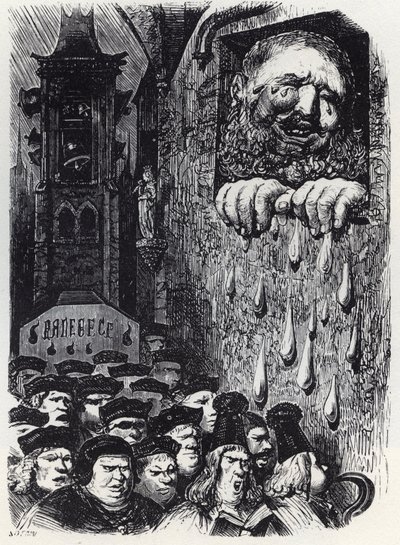 Gargantua sørger over sin kones død - Gargantua sørger over sin kone - illustrasjon fra 'Gargantua og Pantagruel', av Francois Rabelais - gravering av Gustave Dore (1832-1883) av Gustave Dore