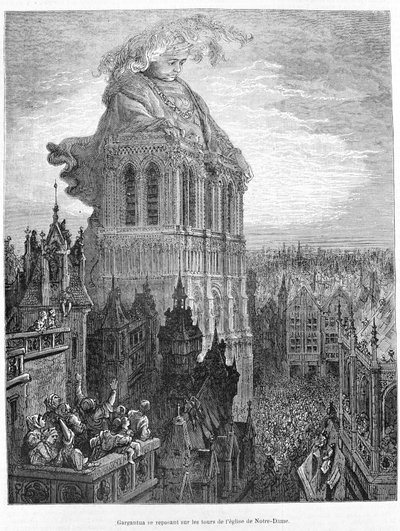 Gargantua hviler på tårnene til Vår Frue kirke. Gravering etter verket Gargantua av François Rabelais (1483 - 1553) av Gustave Dore