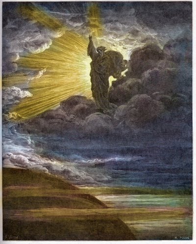 Gud skaper lys - Skapelsen av lys - Gamle testamente (1. Mosebok) - Skapelse av lys - gravering i "The Bible illustree" av Gustave Dore (1832-1883) - Gravering fra "The Dore Bible" av Gustave Dore