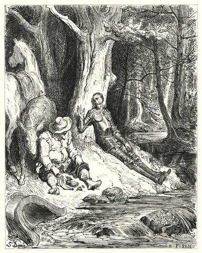 Gustave Dores Don Quixote: "En klar fontene, som Don Quixote og Sancho fant blant noen grønne trær, tjente til å forfriske dem" (gravering) av Gustave Dore