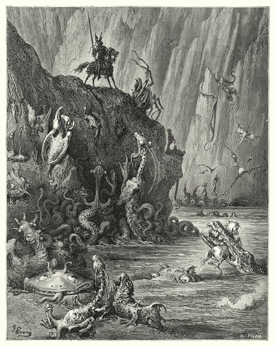 Gustave Dores Don Quijote: "En vidstrakt innsjø med kokende bek, der en uendelig mengde hissige og forferdelige skapninger beveger seg fram og tilbake" (gravering) av Gustave Dore