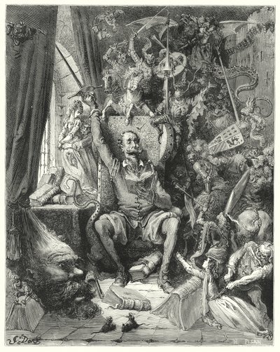 Gustave Dores Don Quijote: "En verden av uordnede forestillinger, plukket ut av bøkene hans, overfylt i fantasien hans" (gravering) av Gustave Dore