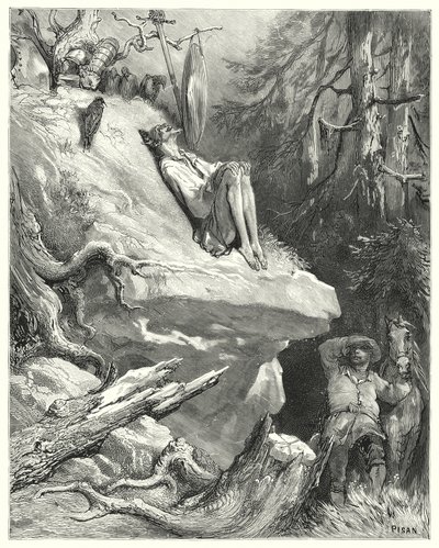 Gustave Dores Don Quijote: "Akk!" svarte Sancho, "Jeg fant ham i skjorten hans, mager, blek og nesten sulten, og sukket etter sin Lady Dulcinea" (gravering) av Gustave Dore