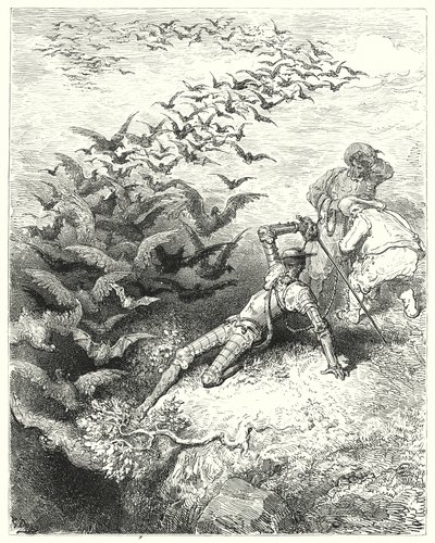 Gustave Dores Don Quijote: "Et uendelig antall overgrodde kråker og daws kom susende og flagrende ut av hulen" (gravering) av Gustave Dore