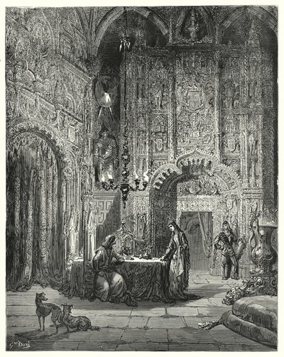 Gustave Dores Don Quijote: "En annen jente kommer inn i rommet og begynner å informere ham om hvilket slott det er, og hvordan hun er trollbundet i det" (gravering) av Gustave Dore