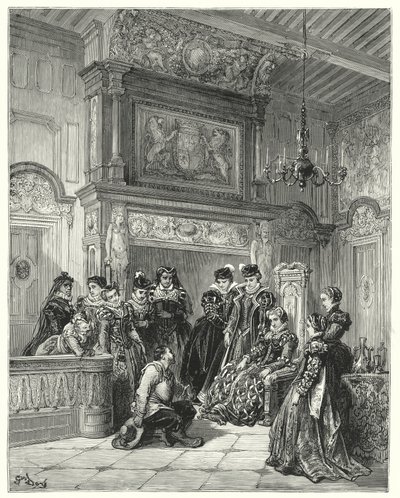 Gustave Dores Don Quijote: "På hertuginnens anmodning fortalte han hele passasjen av den sene forestilte fortryllelsen veldig trofast" (gravering) av Gustave Dore