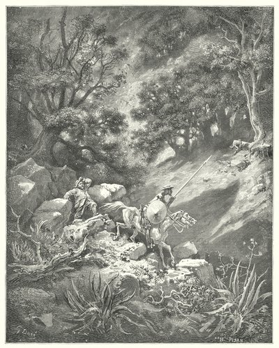 Gustave Dores Don Quijote: «Men be, sir,» citerer Sancho, «er det en god ridderlighetslov som sier at vi skal vandre opp og ned, over busker og kratt, i denne steinete villmarken?» (gravering) av Gustave Dore
